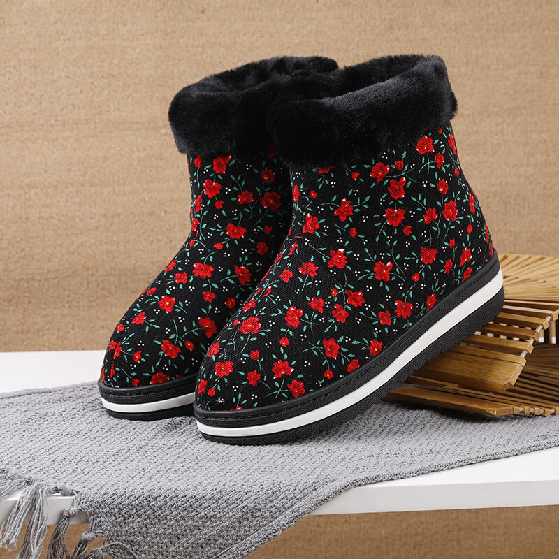 乐林喜(lelinxi)花棉鞋布鞋女冬新款加绒妈妈棉鞋灯芯绒中老年保暖