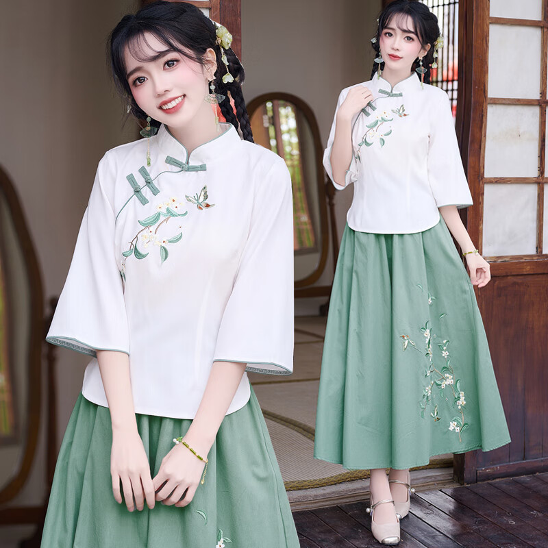 景華年春新中式漢服女裝國風茶藝服古風唐裝盤扣刺繡旗袍上衣半身裙套裝 白色上衣+綠色半裙 M (建議90-105斤)