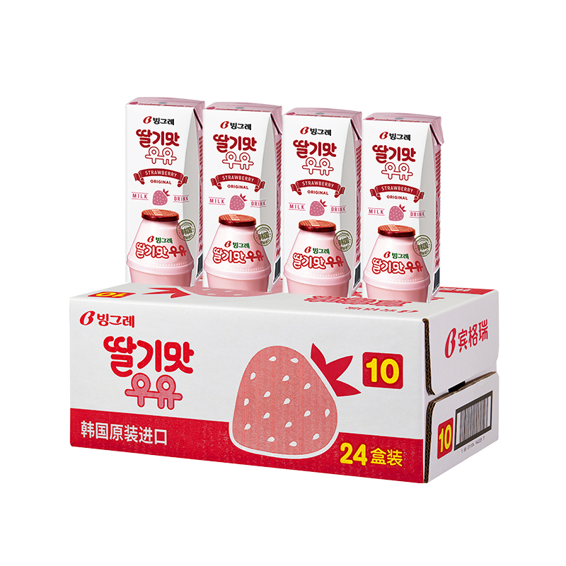 宾格瑞（BINGGRAE）韩国进口牛奶 草莓味牛奶饮料 200ml*24