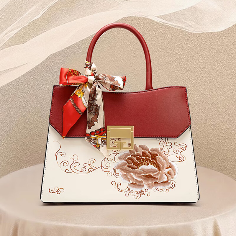 爱礼纪送妈妈生日礼物中年女士轻奢品牌手提包包女包刺绣大容量女包 款式2-精美礼盒套装