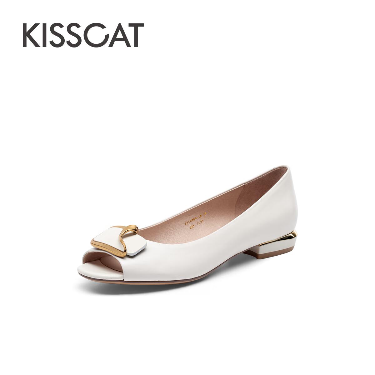 KISSCAT接吻猫女鞋春季真皮低跟鱼嘴鞋仙女风通勤时装凉鞋女KA40309-10 米白色羊皮革 37