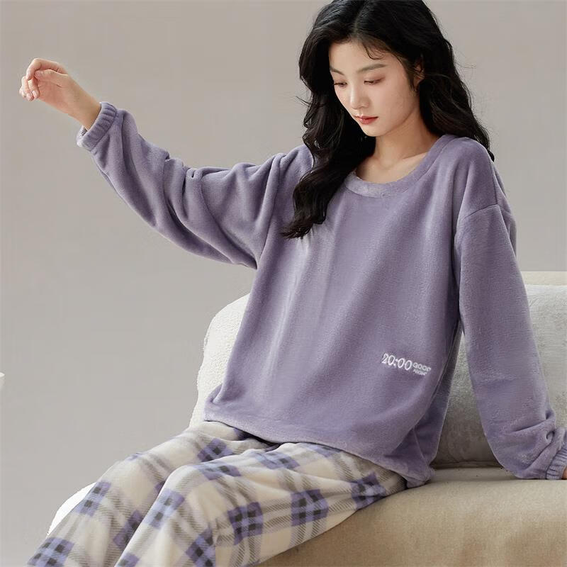 宜而爽睡衣秋冬季法兰绒加绒加厚保暖长袖长裤套装休闲可外穿家居服 格子裤女款【上衣+束脚裤子】 L