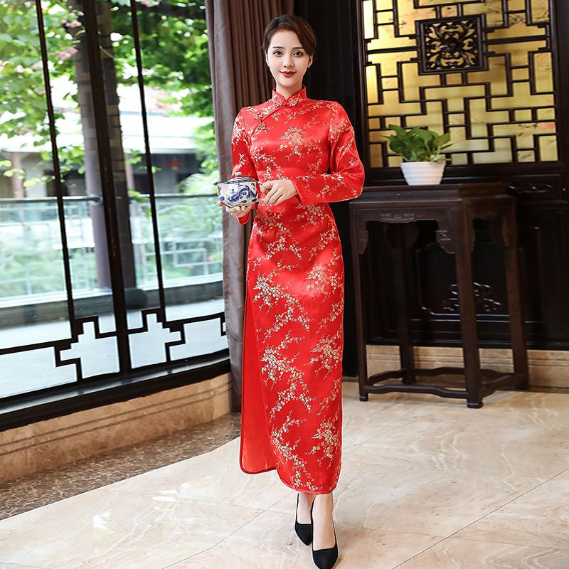 女酒店服务员前台接待工作服饭店餐饮红色迎宾旗袍长款长 红色梅花 s