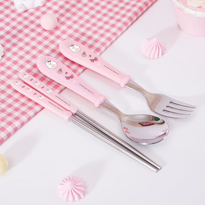 联扣（LianLock）316不锈钢儿童小学生餐具套装吃饭勺子叉子筷子餐具盒 【316】兔树脂勺叉筷