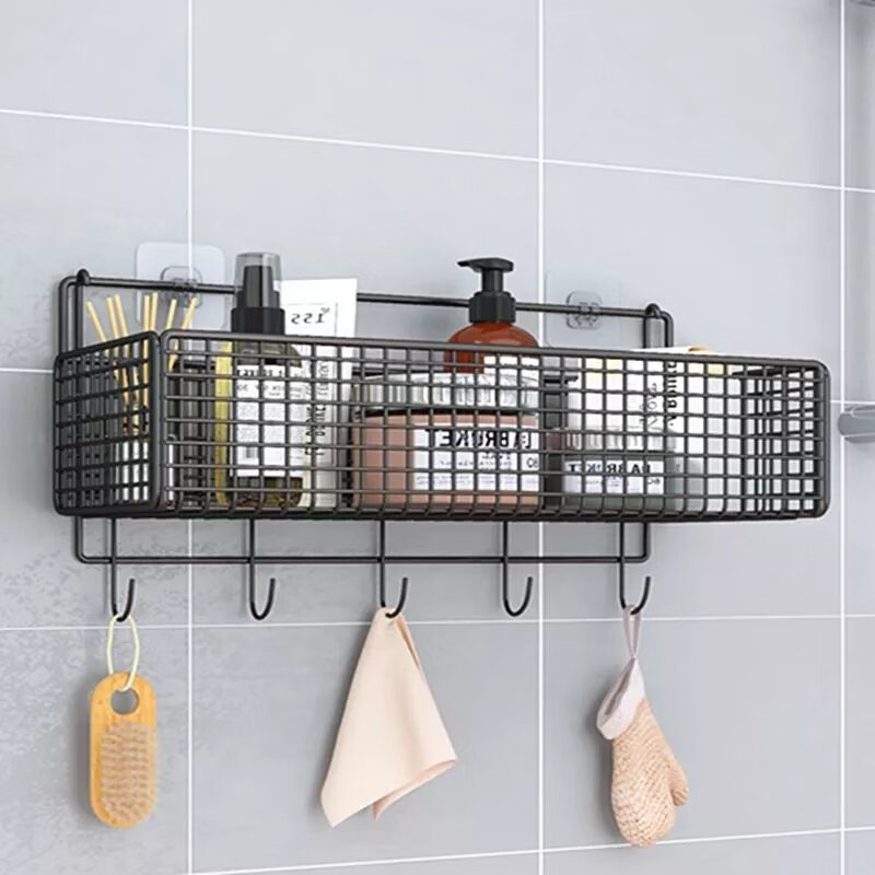 【现发】卫生间置物架免打孔浴室壁挂洗漱淋浴房墙上收纳厕所用品 黑超大号1个排勾1个无痕贴