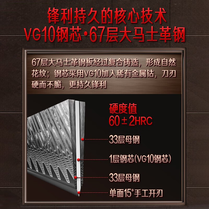 三四钢(SSGP)三四钢德国菜刀家用切片刀厨师专用锋利切肉厨房刀具大马士革钢刀 大马士革小菜刀