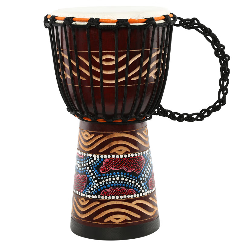 美德威實(shí)木山羊皮非洲鼓 雕刻工藝桃花芯木麗江手鼓 兒童成人初學(xué) 8英寸實(shí)木棕色羊皮鼓（彩繪、綁繩顏色隨機(jī)）