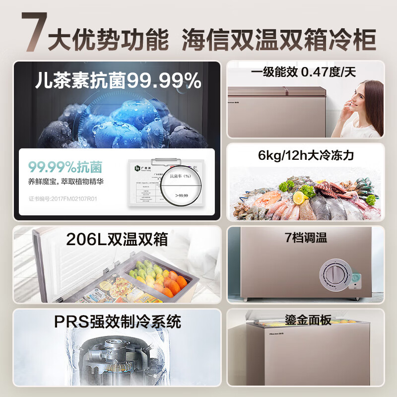 海信（Hisense） 206升一级家用双温冰柜 养鲜净化冷冻冷藏保鲜柜节能商用冷柜双开冰箱 大冷柜