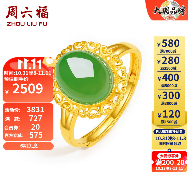 周六福（ZLF） 金镶玉足金戒指女气质大方和田碧玉活口戒指送老婆送妈妈 13号（可调节）高性价比高么？