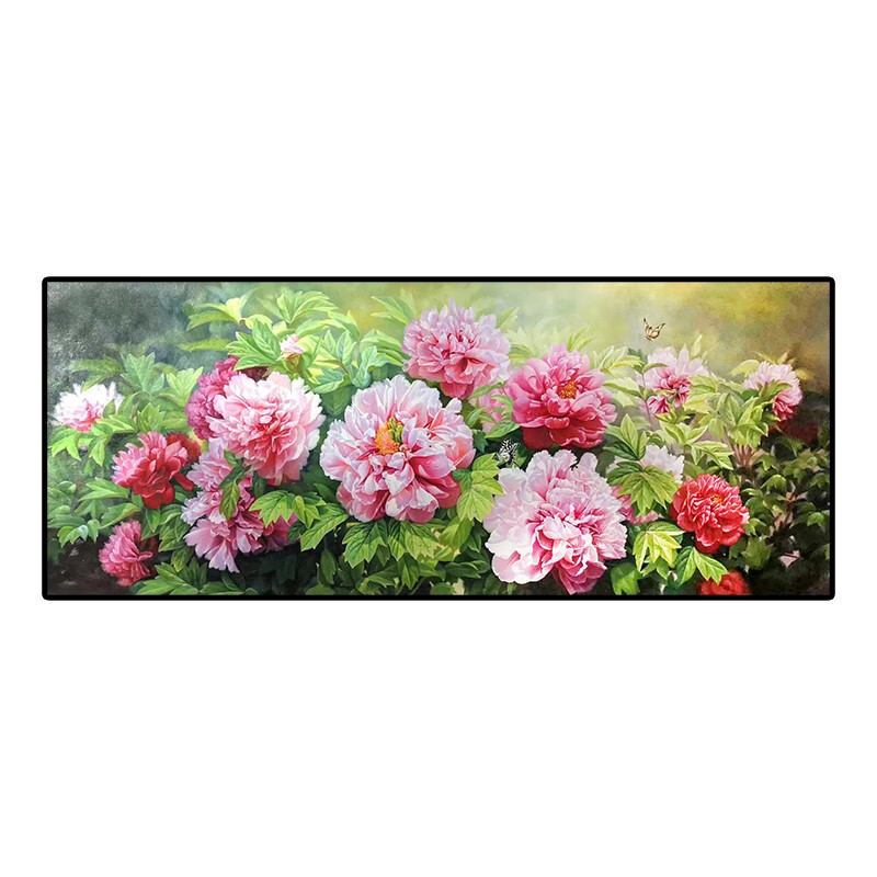 米聆 新中式写实牡丹花卉纯手绘油画装饰画客厅沙发背景墙别墅横版挂