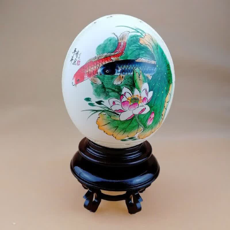 萦娪鸵鸟蛋壳雕刻工艺品底座摆件创意生日礼物彩绘鸵鸟蛋壳可定制 年