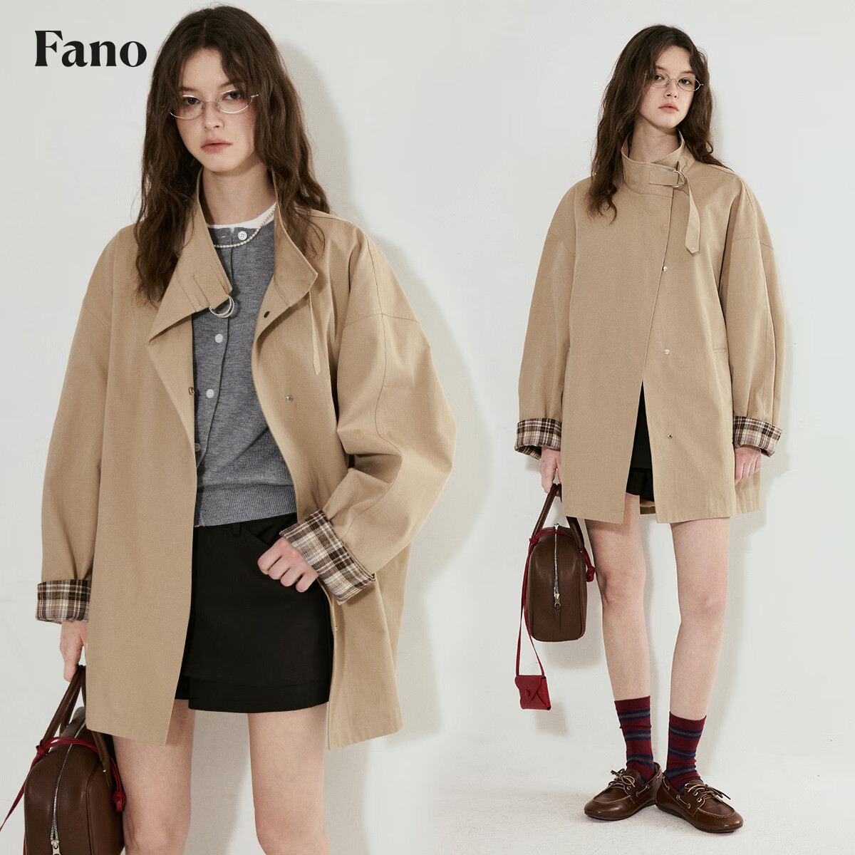 fano studios范洛Fano 英伦风范袖口撞色格纹拼接中长款金属四合扣风衣外套女 卡其色第二批 S