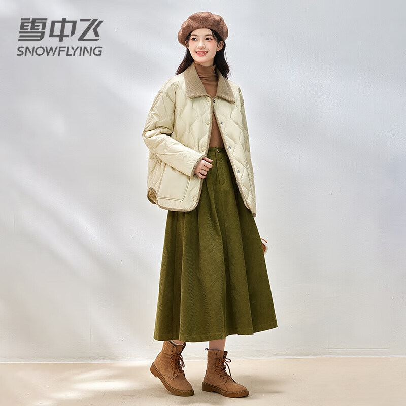 雪中飞轻薄羽绒服女短款新款拼接撞色翻领秋冬菱格衬衫领外套 草绿 L (165)