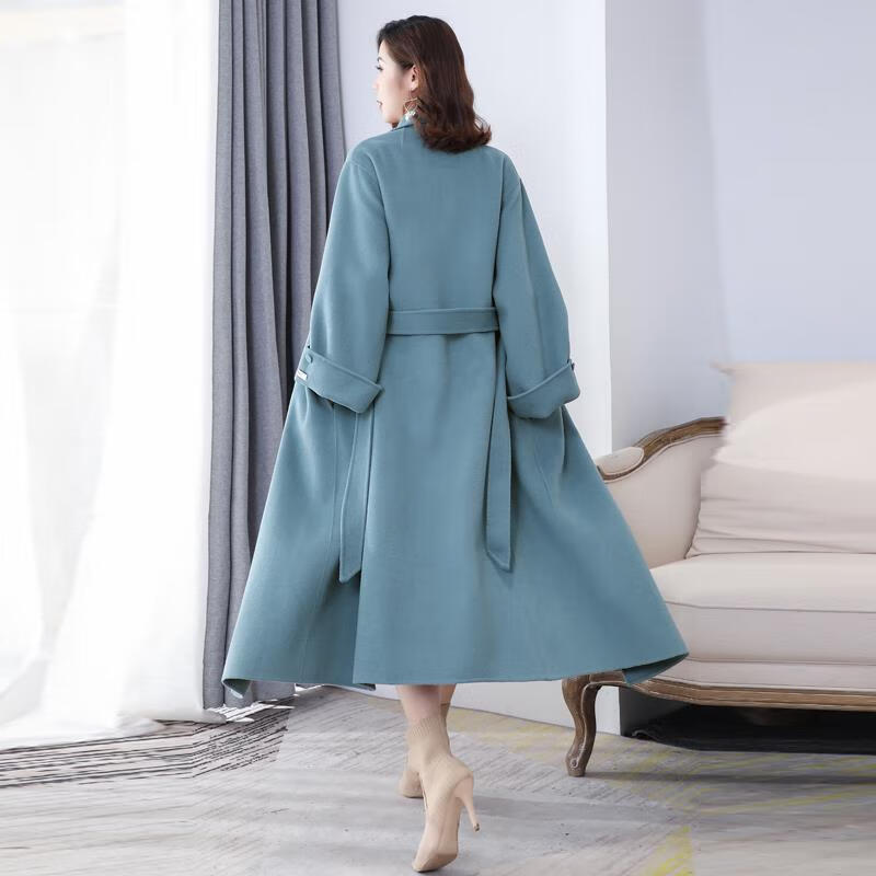 诗威琪雾霾蓝毛呢外套女中长款系带2023秋冬新款韩版毛呢大衣女 雾霾