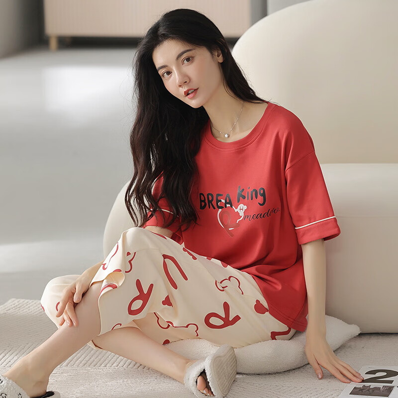 莫代尔睡衣女夏季100%纯棉短袖短裤甜美薄款全棉休闲学生家居服女套装 79962(纯棉) L 【建议95-115斤穿】