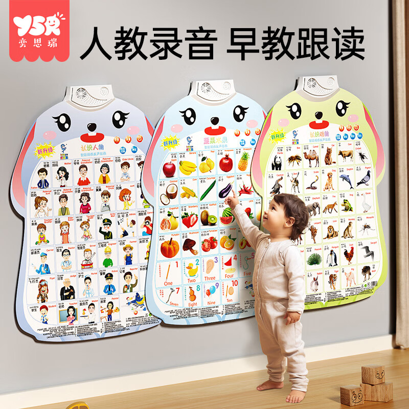 奕思瑞婴儿有声早教挂图识字汉语拼音表数字英文字母看图识物儿童玩具 【启蒙认知】动物+人物+蔬果 0-3岁宝宝认知点读发声墙贴