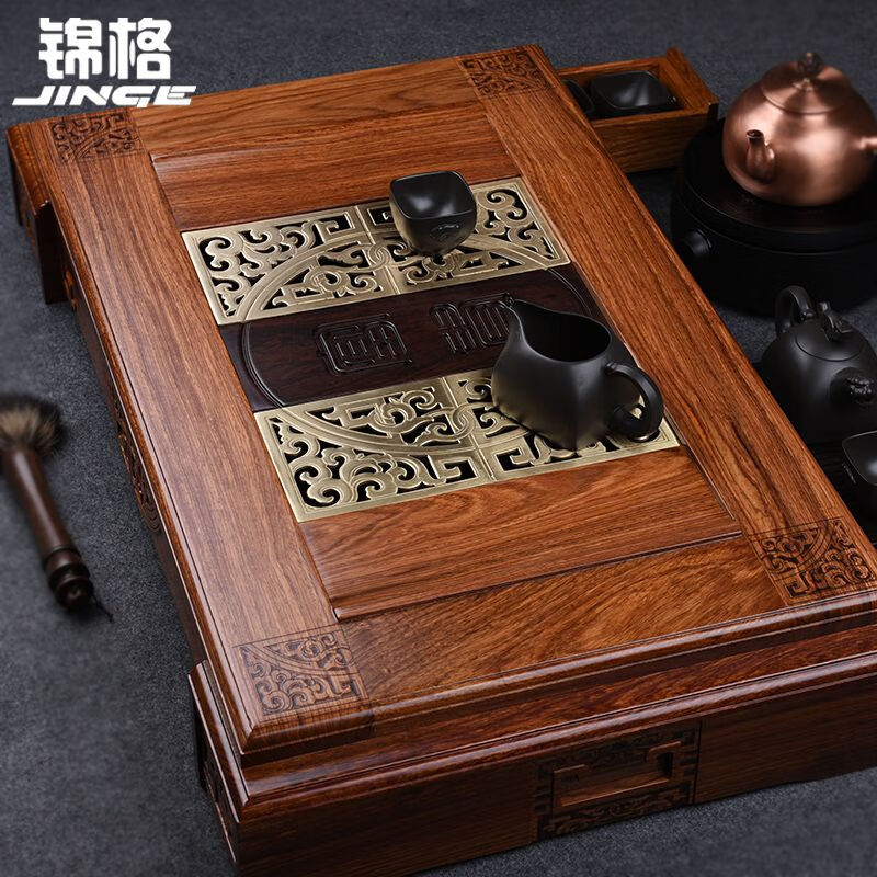 錦格 黃花梨茶盤 實(shí)木特大號茶海功夫茶具檀木排水紅木茶托盤茶臺 限量熱賣非洲黃花梨富貴茶盤75*4