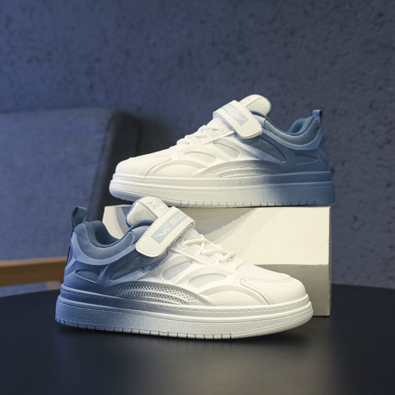 藏美时代男孩鞋子2025新款春秋男童鞋中大童低帮平底网面透气休闲运动板鞋 白蓝 31