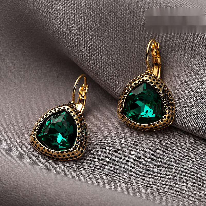 朗恩2024年新款三角形祖母水晶大耳环女 法式绿宝石耳环