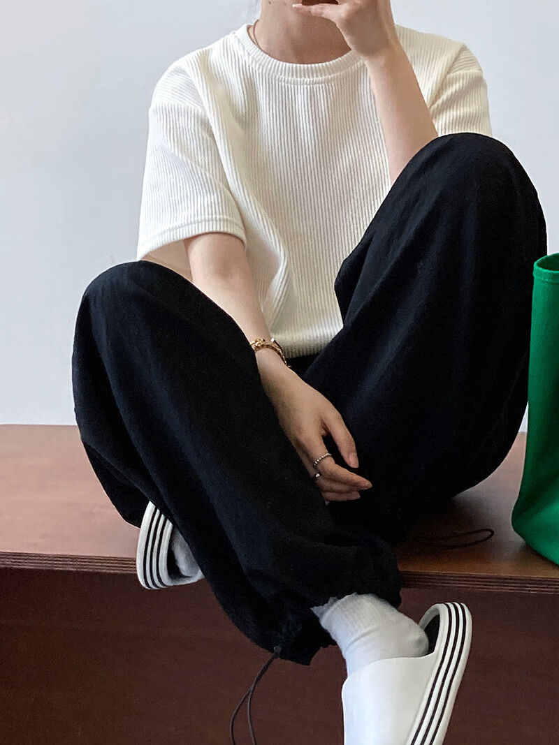 休闲裤抽绳松紧高腰宽松廓形显瘦工装风阔腿裤女 黑色 m(模特尺码)