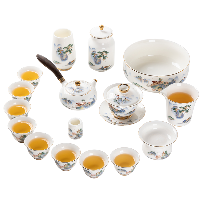 金鑲玉功夫茶具套裝羊脂玉瓷整套家用泡茶送人禮品盒高檔 山水清音