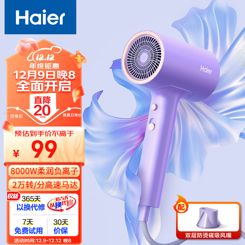海尔（Haier）电吹风家用大功率千万级负离子大功率护发速干大风量学生便携低躁节日送礼物吹风筒HCZ1 灵境紫