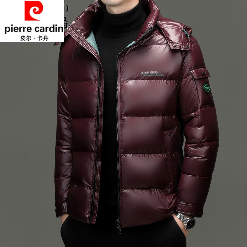皮爾卡丹三防亮面連帽羽絨服男士冬季加厚保暖白鴨絨外套免洗連帽防寒衣服 紅色 L (90-110斤)