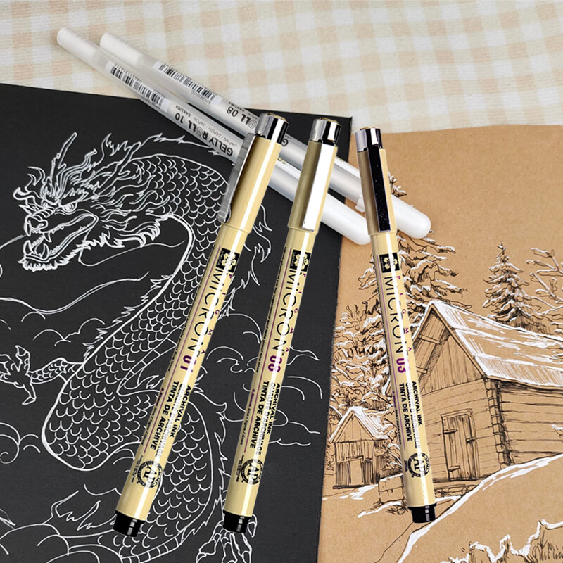 樱花(SAKURA)勾线笔5支装儿童美术绘画素描专用防水描线勾边笔01 03 08+白色高光笔2支