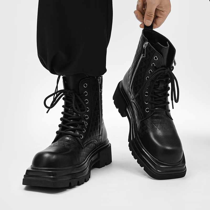 urara&cfttk2024年春季新款男士中筒靴两侧假拉链设计厚底圆头百搭
