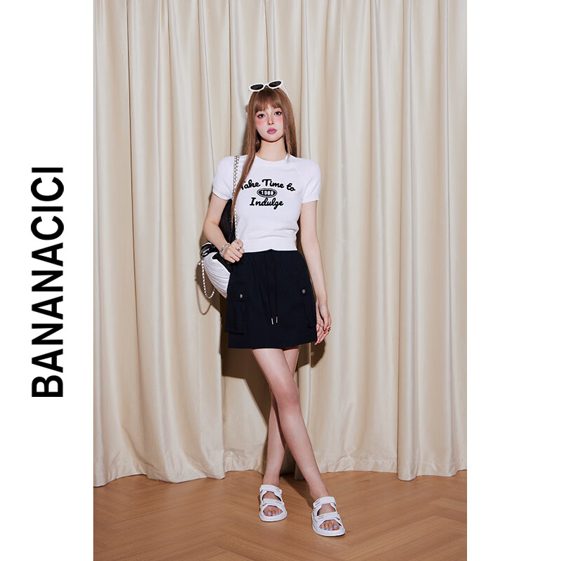banana cici2024年初秋新款美式立体字母绣花圆领套头短袖针织衫女C243MY005 白色 L