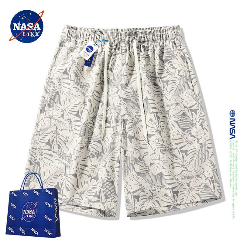 NASA LIKE官方潮牌联名短裤男夏季枫叶运动短裤迷彩休闲工装中裤男士沙滩裤 米黄色 2XL（建议130-145斤）