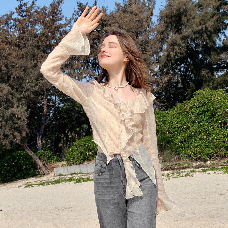 乐町甜辣废土风条纹肌理感荷叶边衬衫夏季新款辣妹收腰衬衣 棕色(现货) M