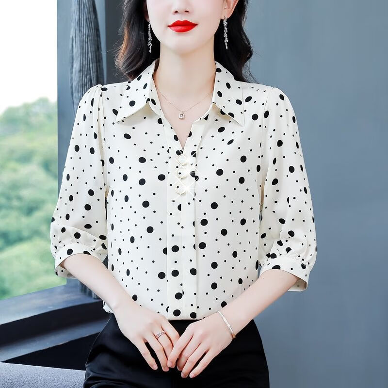 BJORN MOAN女士波点衬衫洋气2025春秋新款七分袖印花衬衣时尚减龄夏季小衫女 黑色 3XL 135-145斤