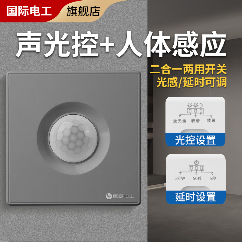 国际电工86型声光控加人体感应开关二合一红外线声控智能220V楼道延时面板 灰色 声光控+人体感应【二线制】 京东折扣/优惠券