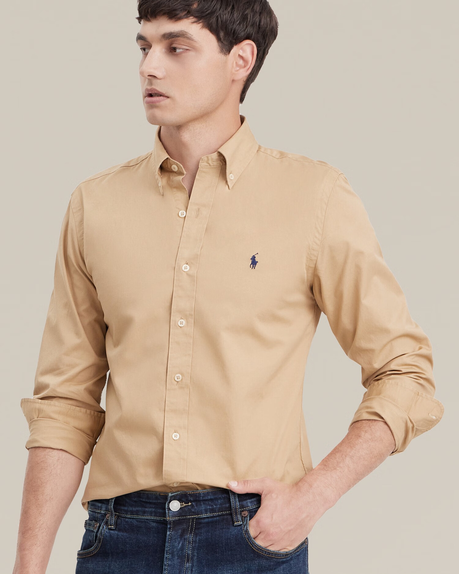 lauren保罗男式商务休闲高端纯棉免烫长袖衬衫保罗 卡其色 xs[推荐105