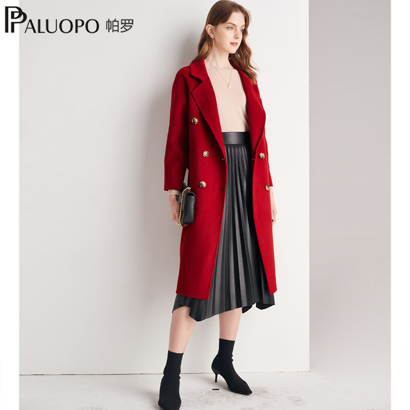 帕罗（PALUOPO）秋冬新款女装毛呢大衣时尚优雅翻领系腰带显瘦百女式羊毛外套 52%羊毛101 M 160/84A