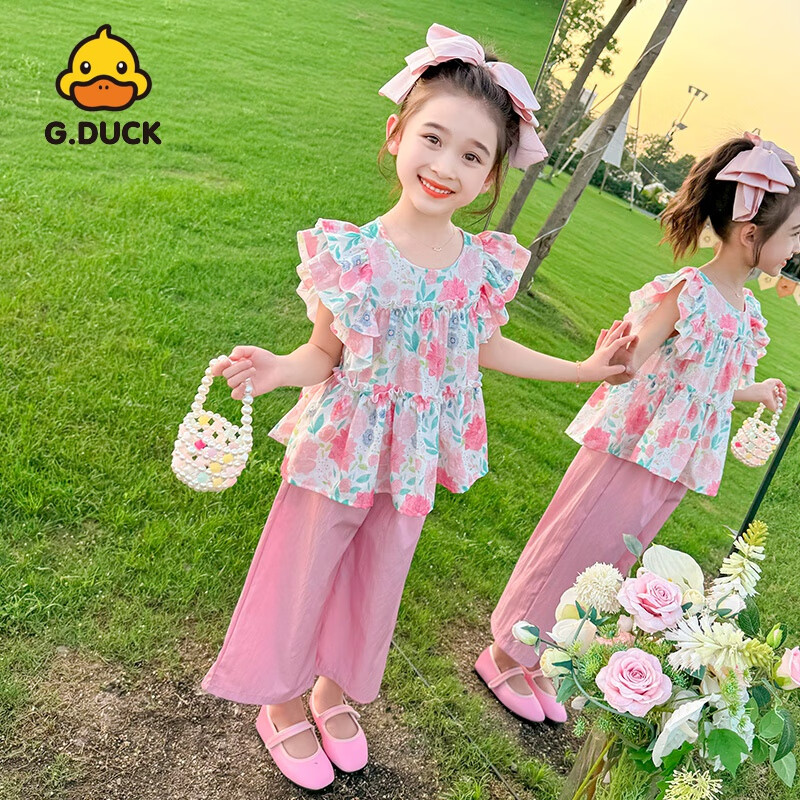 G.DUCKKIDS小黃鴨女童夏季韓范洋氣時髦套裝中小兒童短袖雪紡衫小孩直筒褲子 粉色 90 cm