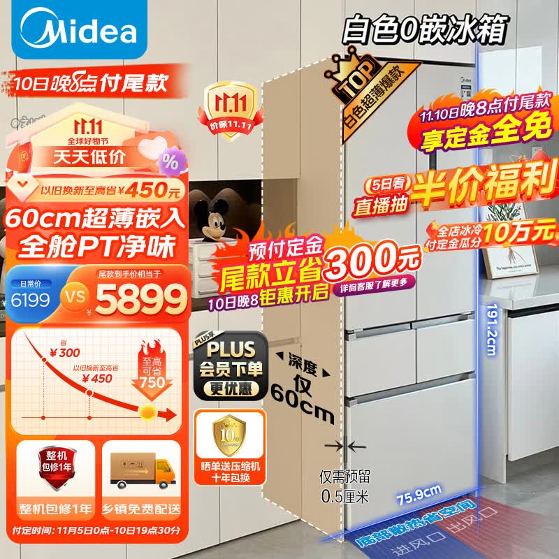美的（Midea）60cm薄系列424升法式五门多门超薄嵌入大容量家用智能电冰箱无霜一级变频BCD-424WFPZM(E)白色怎么看?