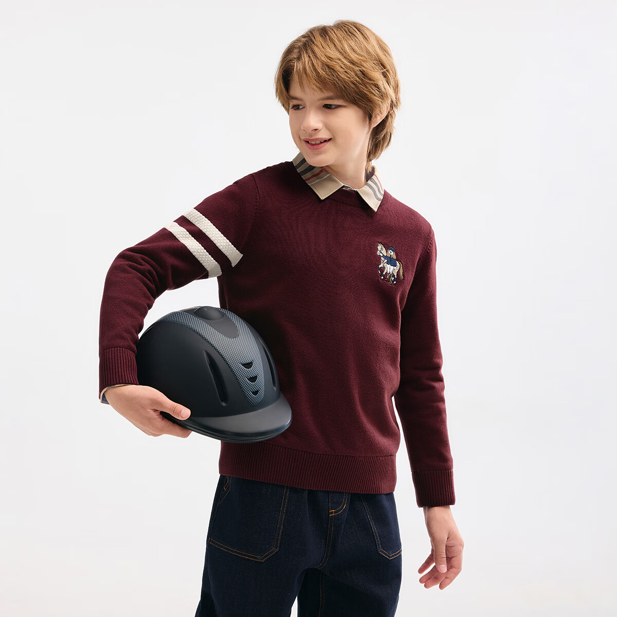 暇步士(Hush Puppies)童装儿童男大童冬季新款舒适柔软休闲文艺百搭套头线衣 波尔多红 140 cm