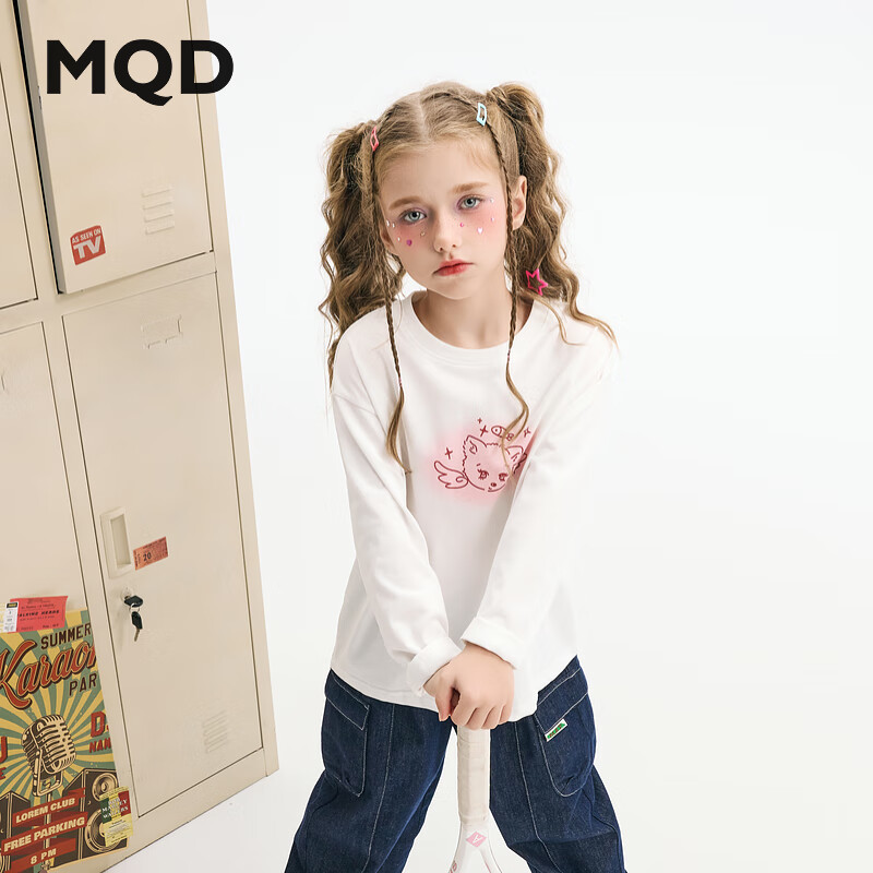 马骑顿（MQD）MQD女大童秋季学院风卡通甜美基础内搭长袖T恤 本白 120