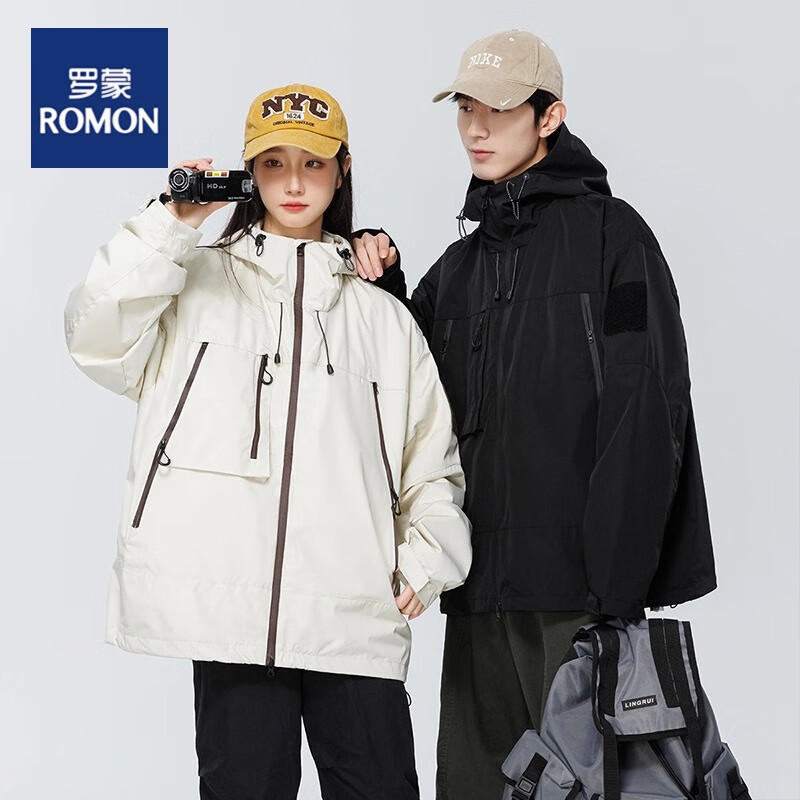罗蒙（ROMON)户外冲锋衣男女同款防风防水旅行登山服美式工装三防外套 黑色 L