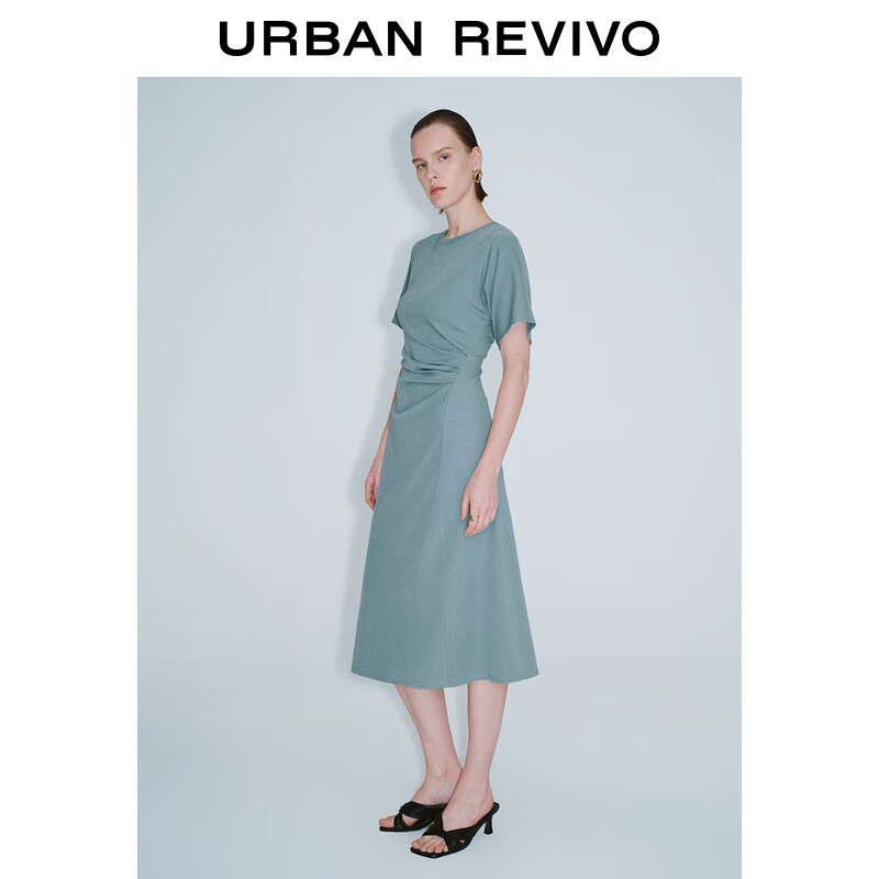 UR2024夏季新款女装设计感褶皱收腰中长款连衣裙UWG740066 冰淇淋绿 M