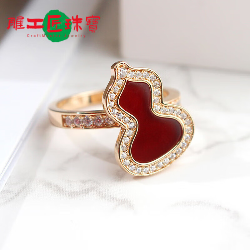 雕工匠18k金葫芦戒指s925銀镶红玛l瑙微镶镀玫瑰金大号绿翡中国风寓意