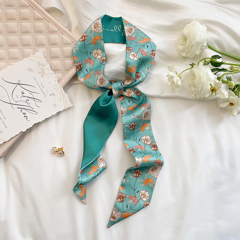 艾予曼小丝巾长条丝巾女蓝色系发带春夏薄款复古花朵装饰领巾飘带绑包