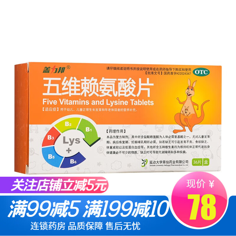 盖力邦五维赖氨酸片咀嚼片36片小儿童体弱者维生素缺乏症营养补充 1