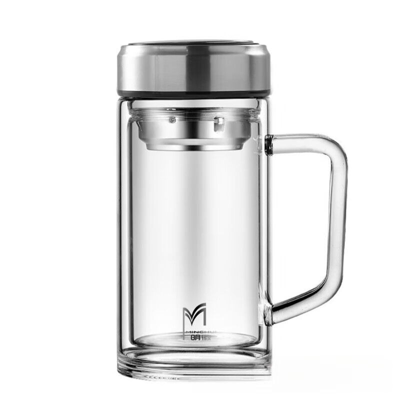 【优选直发】双层高硼硅玻璃杯带把手水杯带盖耐高温防烫泡茶杯子 简约本 370ml 1只