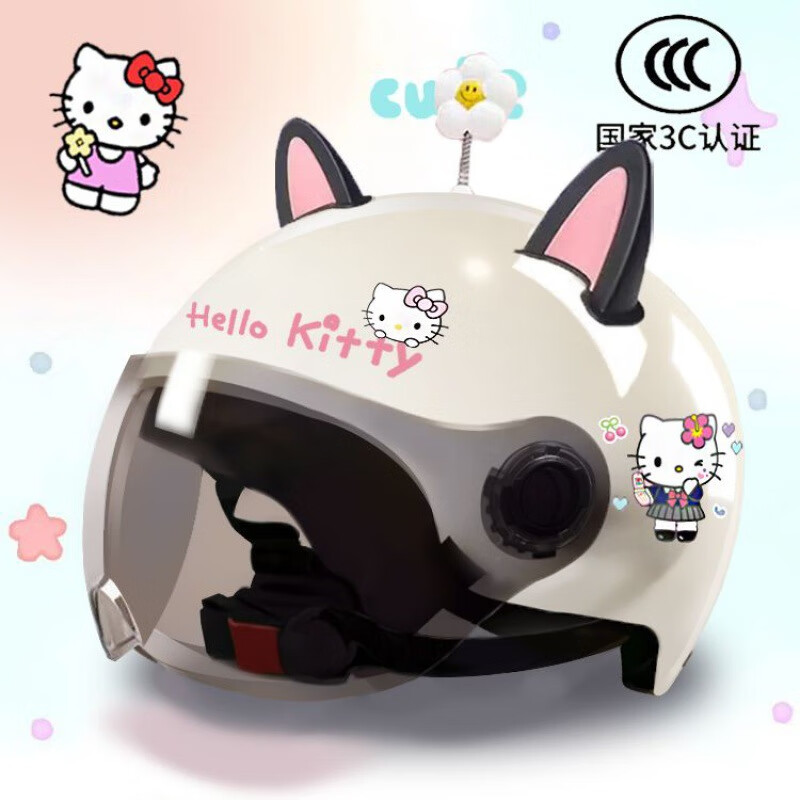 YOHE3C認(rèn)證新國(guó)標(biāo)Hello Kitty安全帽電動(dòng)車頭盔防曬可愛(ài)女士 四季通用 KT貓-C款-防曬-雙拼黑+花花 3C-高清短鏡片