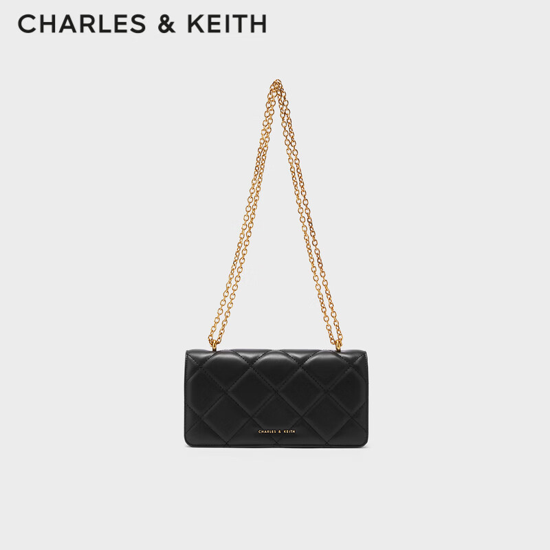 CHARLES&KEITH质感菱格链条小方钱包女包包女包生日礼物女CK6-10680924 Black黑色 XS