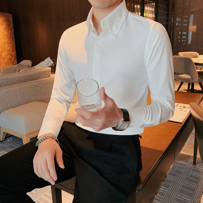 盛束大领男士衬衫法式轻奢袖扣高领男衬衫子长袖感商务温莎领大翻领装