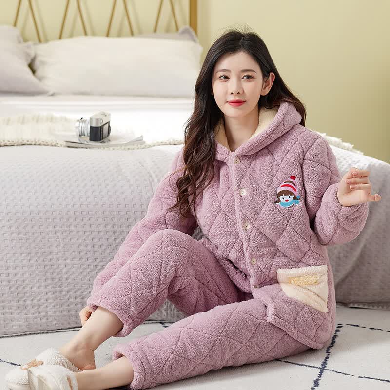 阁系湖南省省服可外穿睡衣女士冬季法兰绒三层加厚夹棉加绒保暖家居服